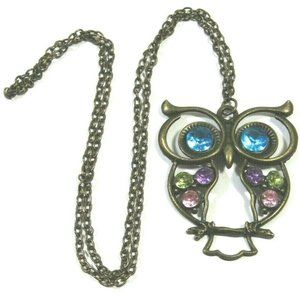 Bronze Perching Owl Bird, Faceted Gem Like Eyes 22" Chain Necklace
